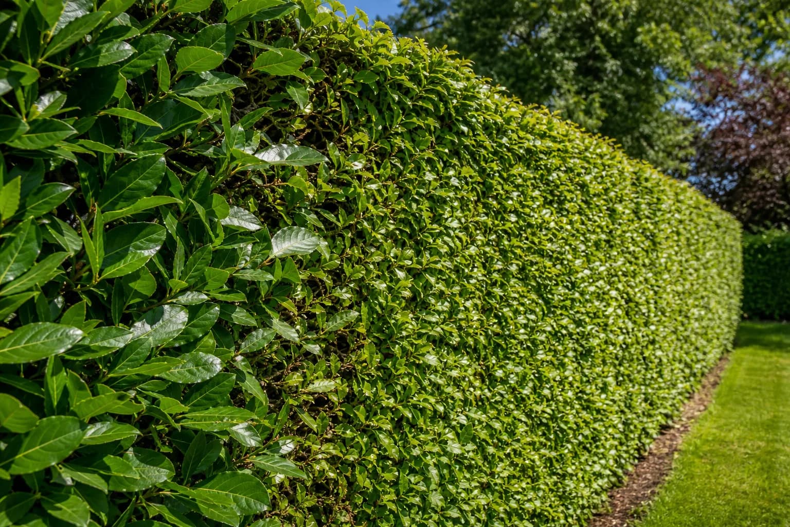 A tall beech and laurel hedge shaped with precise straight edges in a sunny garden