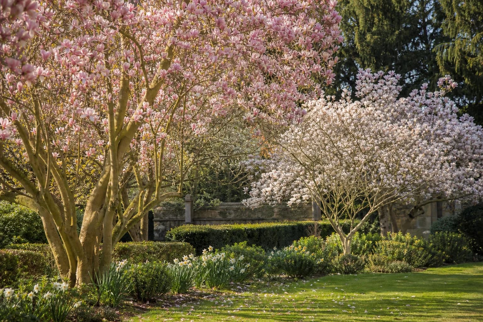 Magnolia and ornamental trees in blossom in a well-tended English garden