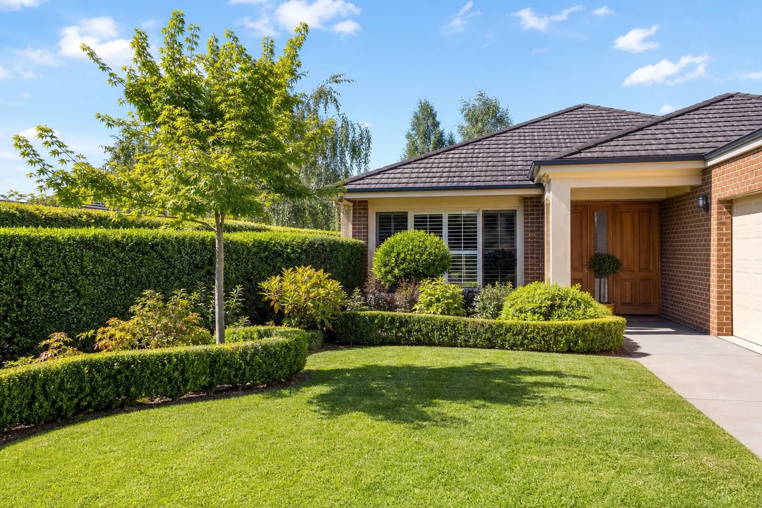 Neat suburban front garden with a trimmed hedge and a small ornamental tree