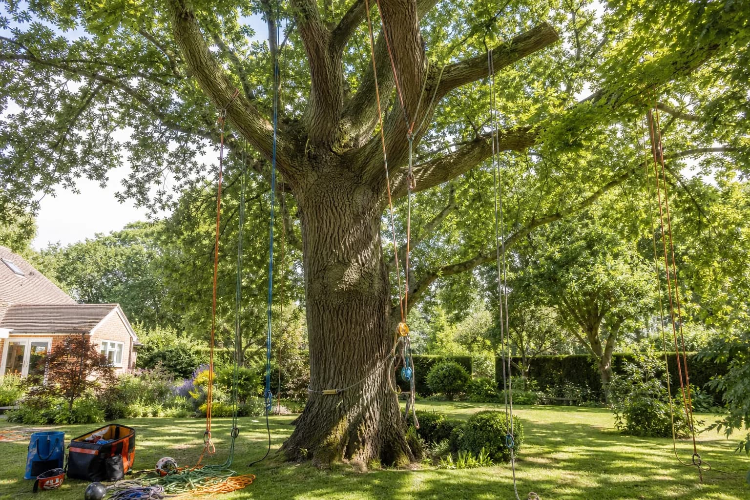 Mature oak tree being carefully worked on with climbing ropes in a sunny Surrey garden