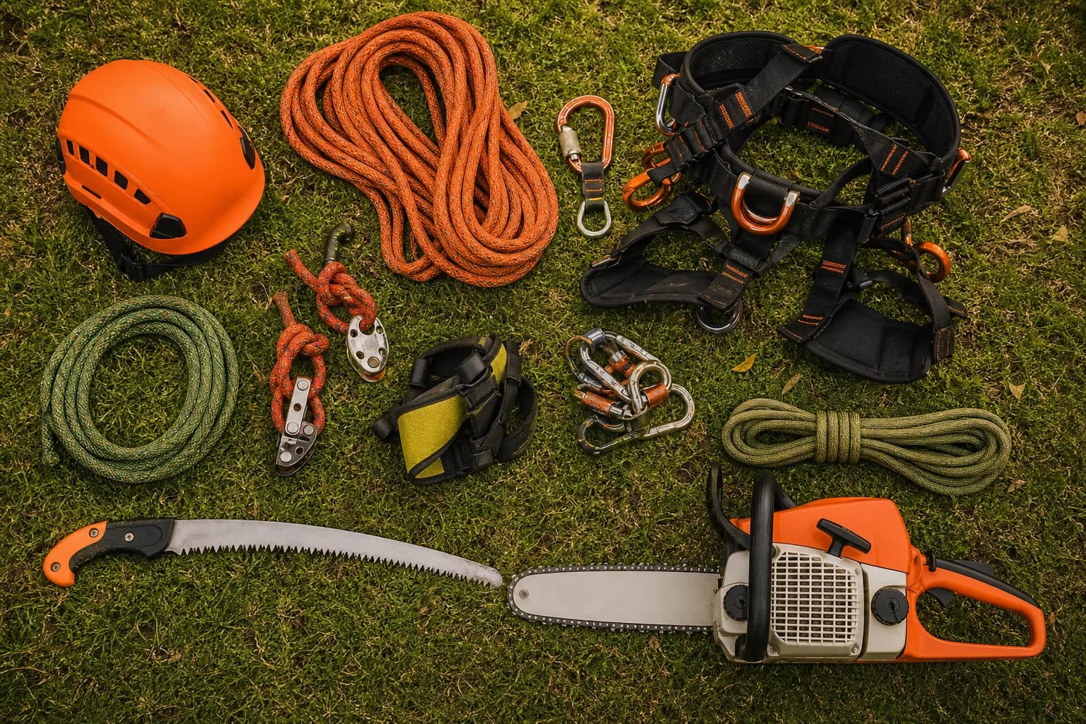 Professional arborist equipment including ropes, helmet, harness and saws laid out on grass