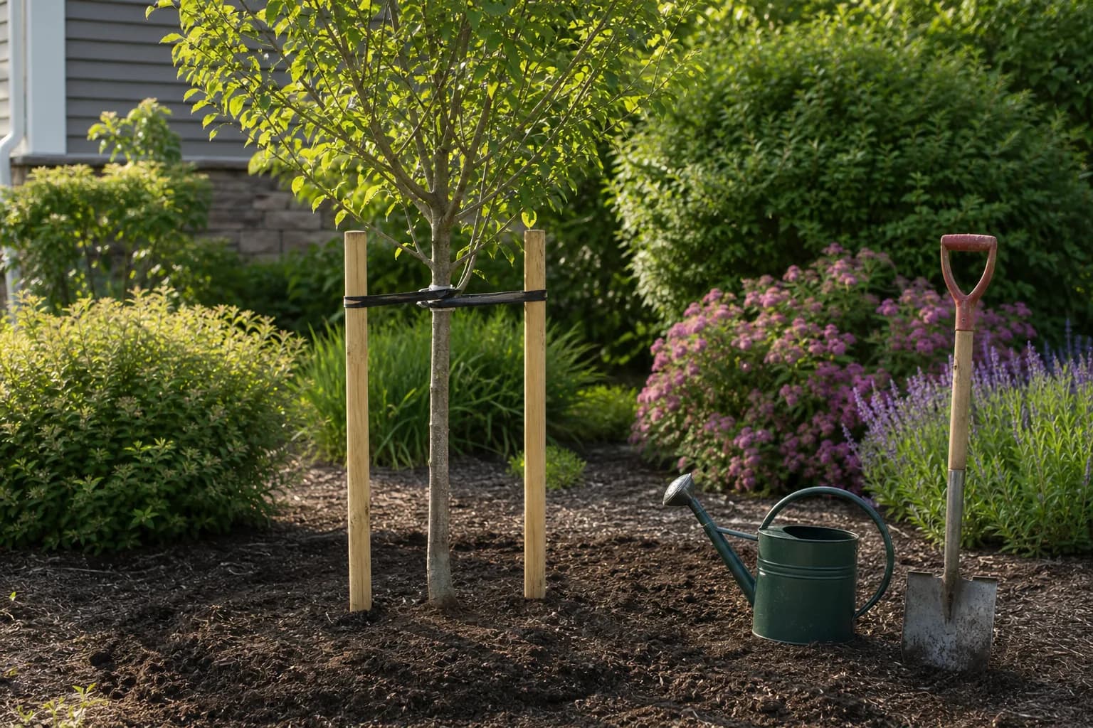 A young tree being planted and staked in freshly dug soil in a landscaped garden