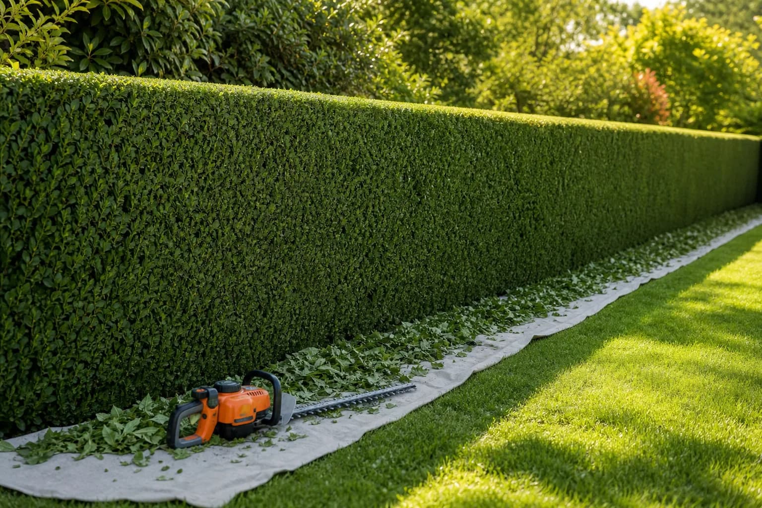 Long garden hedge trimmed to crisp flat top and sides with clippings collected on a ground sheet