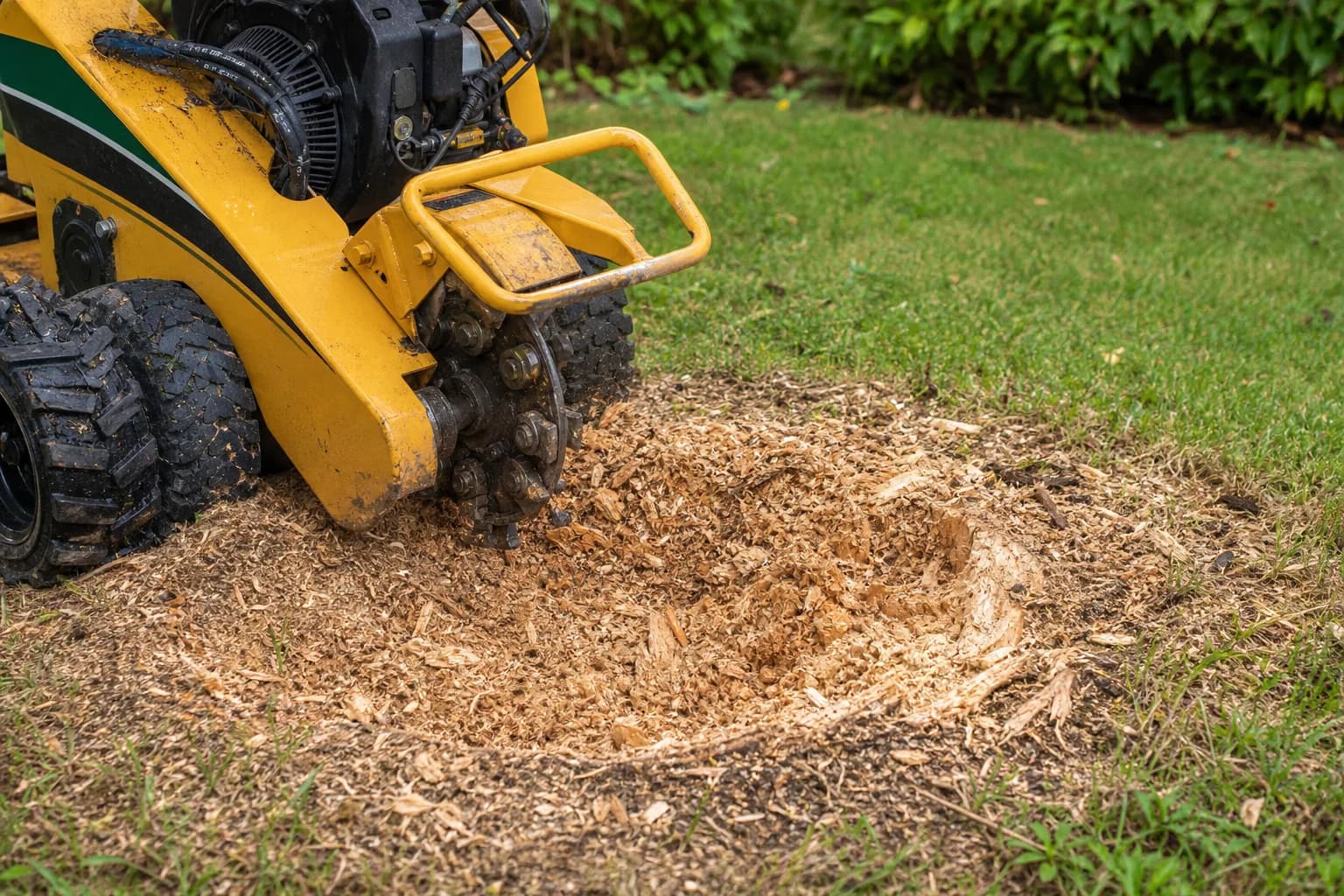 Freshly ground tree stump reduced to wood chippings in a lawn beside a stump grinding machine