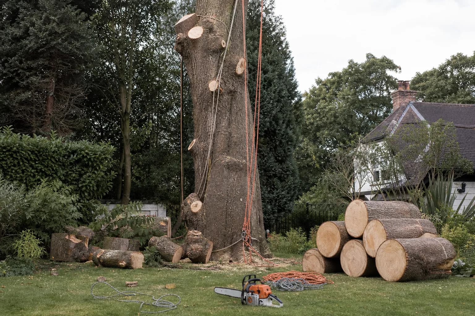 Large tree being removed in sections with ropes and neatly stacked cut logs on the grass