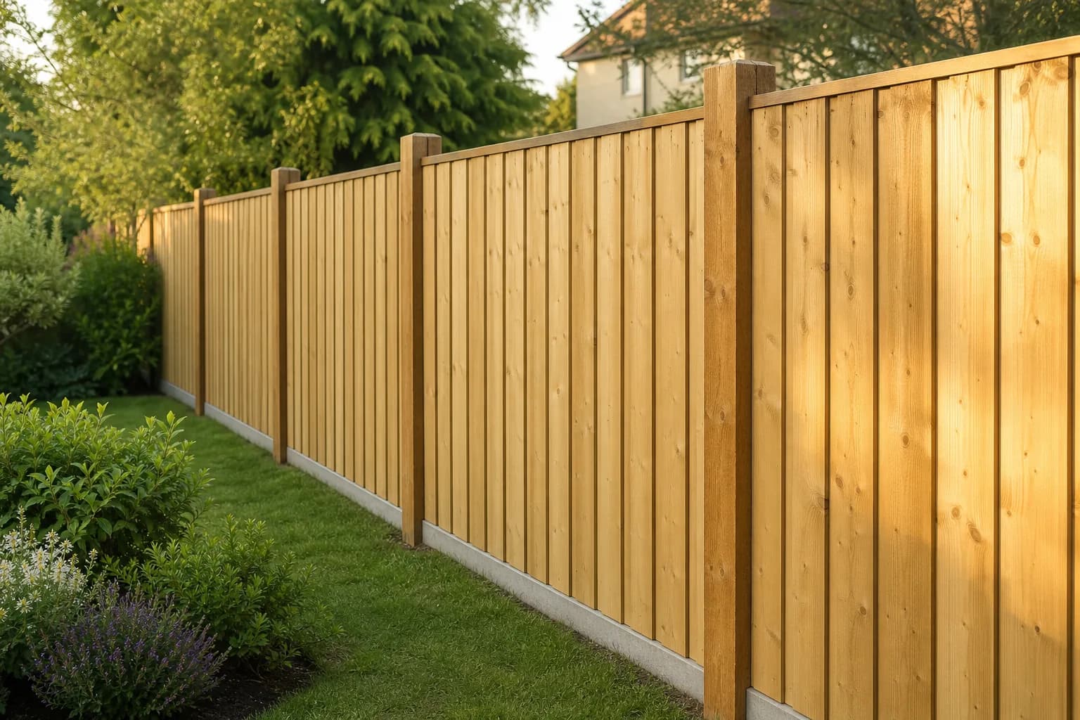 A newly installed timber garden fence with fresh feather-edge boards and sturdy posts along a residential boundary