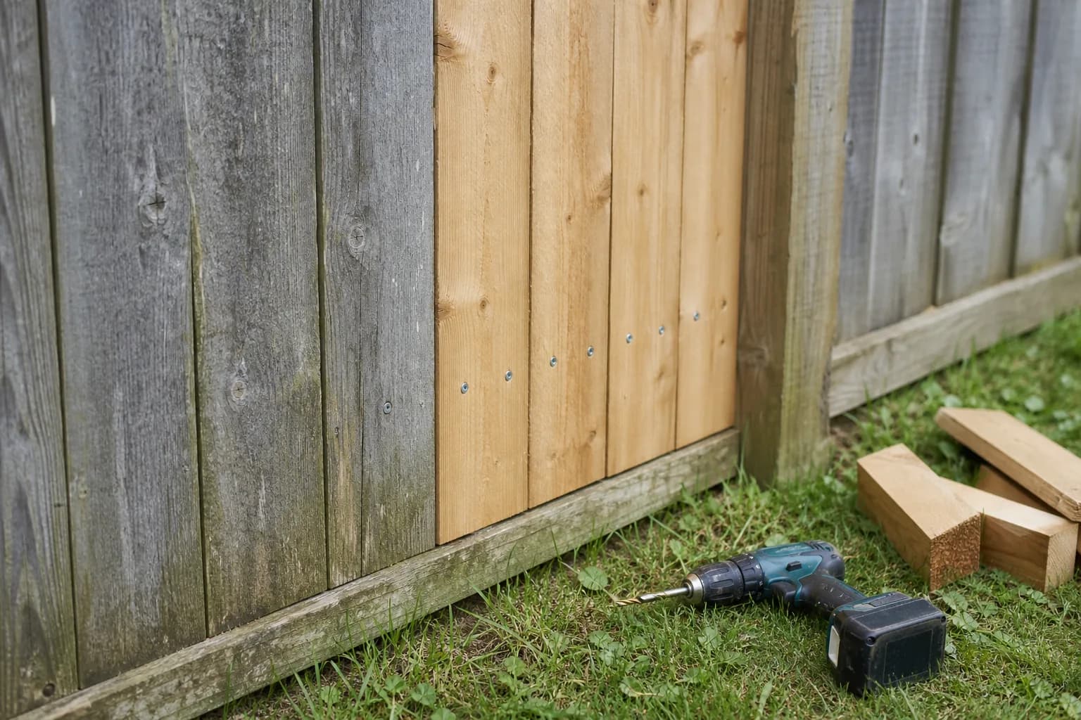 A weathered wooden garden fence being repaired with a new board and fixings beside an older panel